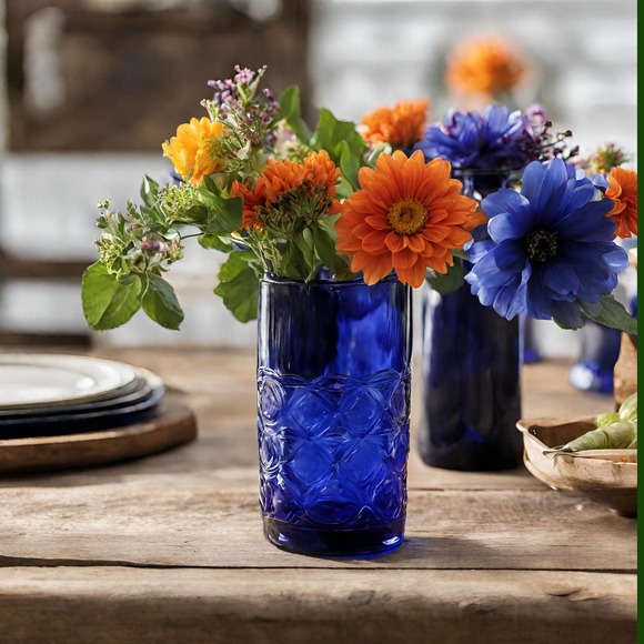 Vintage Cobalt Blue Blown Glass Tumbler/Flower Vase Highball Barware - Picture 2 of 10
